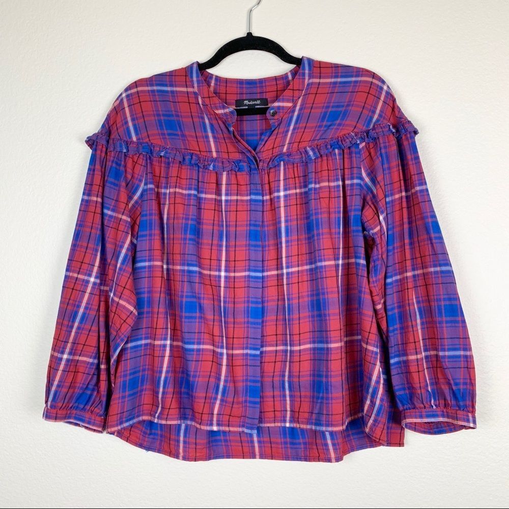Madewell Red Blue Plaid Ruffle Button Down Shirt Womens Large - Picture 3 of 8